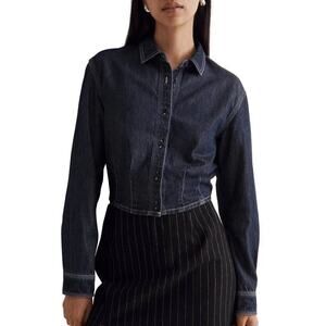New Madewell Denim Pleated Cropped Button-Up Shirt